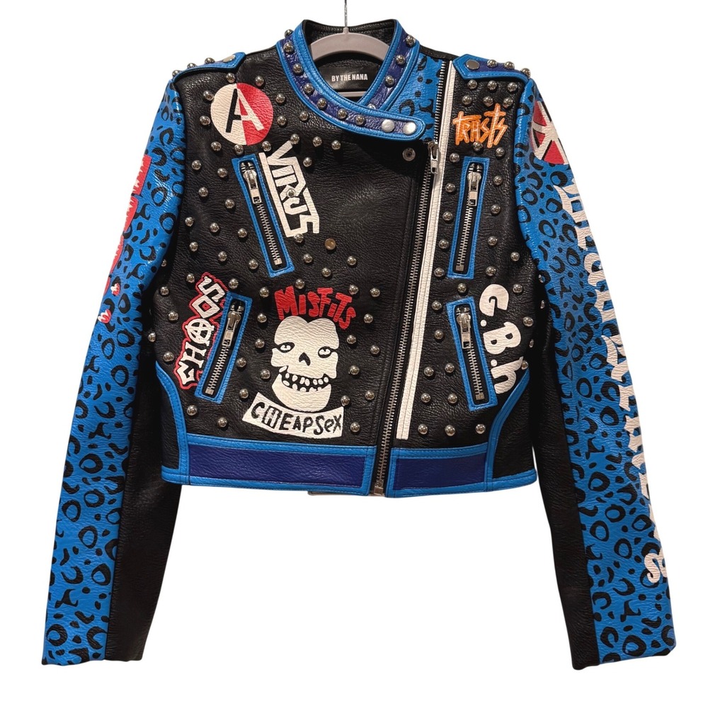 BY THE NANA Studded‎ Leather Cropped Motorcycle Jacket Blue Leopard Print Size L - Picture 2 of 7